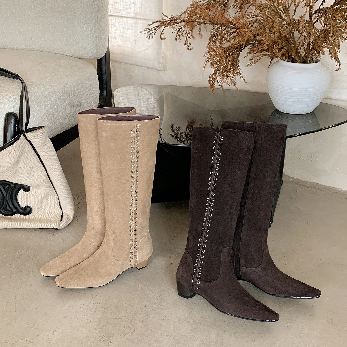 

Women Genuine Leather Suede Woven Square Toe Knee High Boots Western Style Chunky Heel Riding Boots