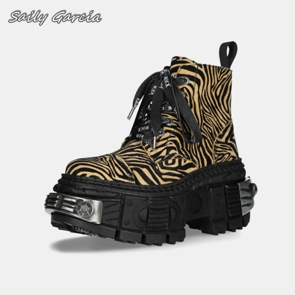 

Leopard Print Mix Color Chunky Heel Motorcycle Boots 2024 Large Size Side Zipper Mid Calf Boots Round Toe Platform Casual Boots