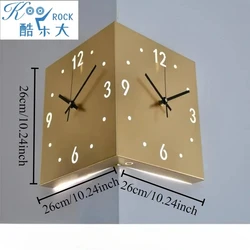 Inductive luminous corner clock, square living room, double-sided clock, iron digital hollowed out double-sided wall clock