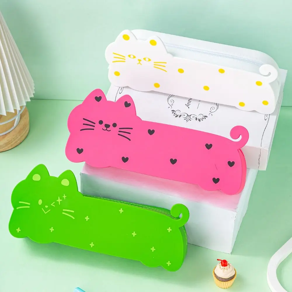 Portable Silicone Pencil Case Large Capacity Cartoon Pen Pouch Waterproof Cat Shape Storage Bag Office
