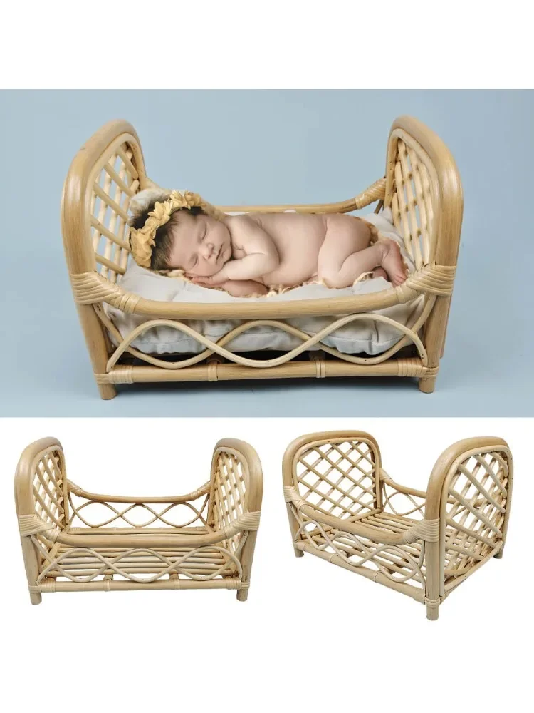 Newborn Photography Props Bed Rattan Handmade Retro Baby Hollow Bed Crib Chair Girl Boy Posing Furniture Session Accessories