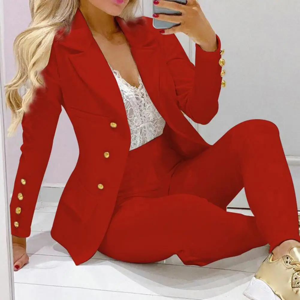 1/2 Pcs/Set Fabulous Formal Women Suit Long Pants Formal Pants Suit Cardigan Solid Color Long Sleeve Blazer Suit  Slim