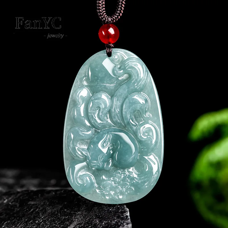 

Myanmar A-goods Jadeite Blue Water Nine-tailed Fox Pendant Beautifully Carved Glutinous Jade Necklace Men and Women Holiday Gift