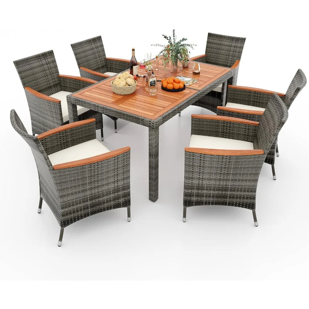 

7 Piece Outdoor Dining Set, Wicker Patio Dining Set for 6 with Acacia Wood Table & Chairs, 1.96'' Umbrella Hole, Patio Table an