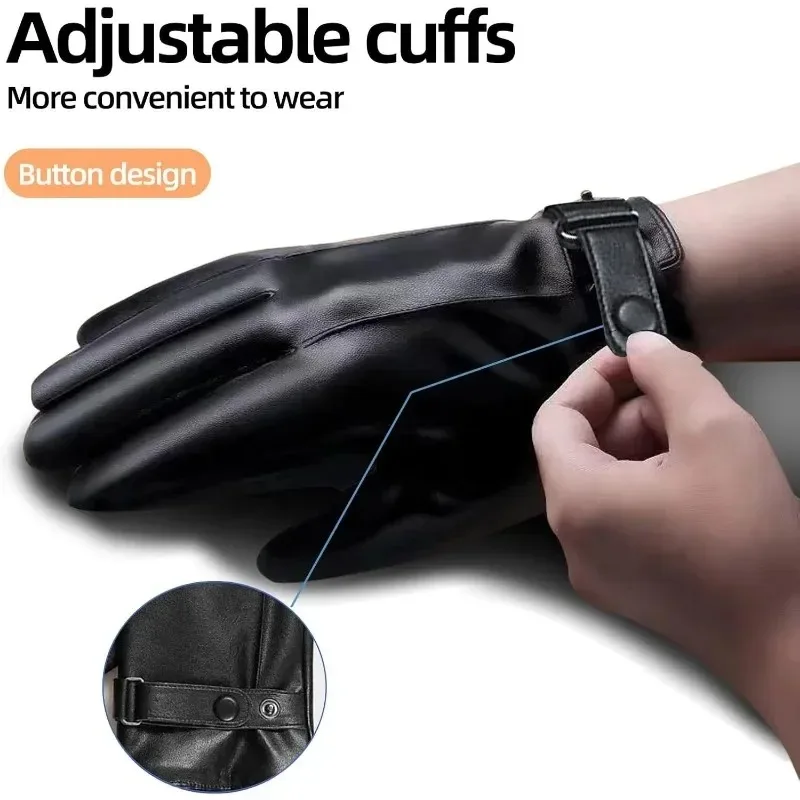 Winter Gloves for Men Genuine Leather Gloves Warm Plus Velvet Touch Screen Gloves Outdoor Cycling Driving Motorcycle PU Gloves