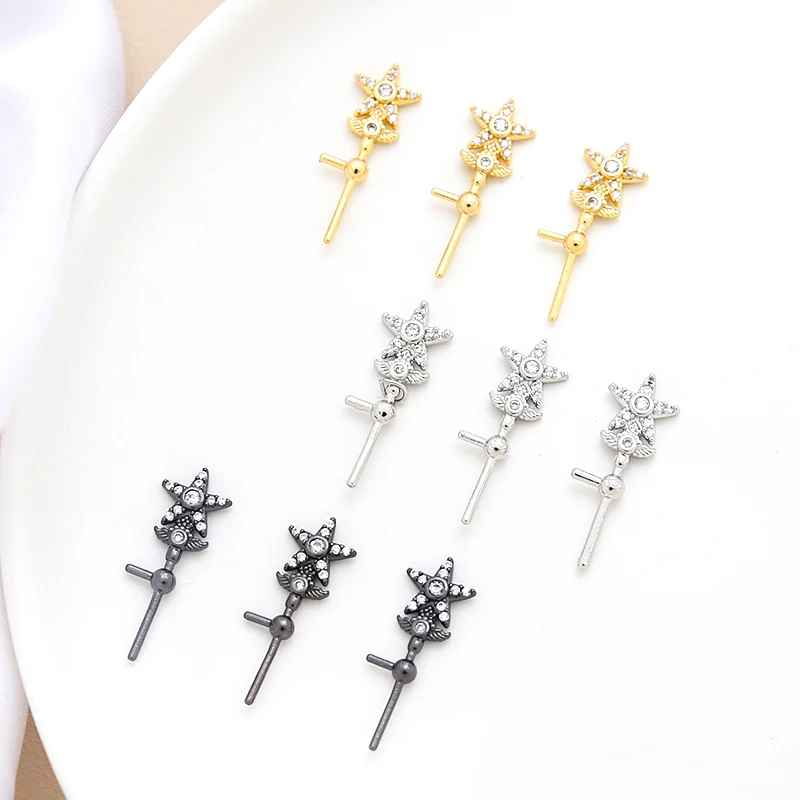 2 Pieces  Copper Clad Gold Five Pointed Star Small Cane Inlaid with Zircon  DIY Made Jewelry Found Baroque Pearl Pin Accessories