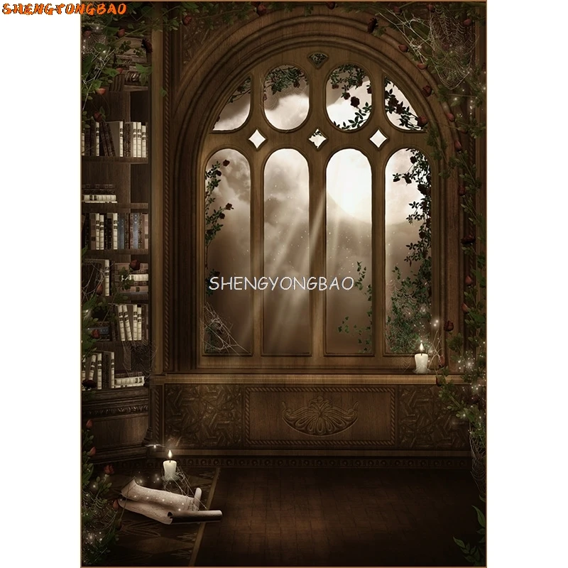 SHENGYONGBAO Goth Fairy Tale Old Palace Bookshelf Arch Window Baby Photography Backdrops Halloween Photo Backgrounds WSH-01