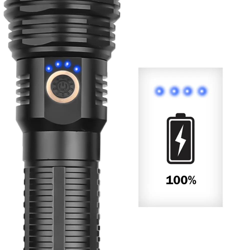 고출력 LED 손전등, USB 충전식 토치 라이트, 롱 샷, 초강력, 야외 하이킹, 캠핑 용품, 줌 랜턴