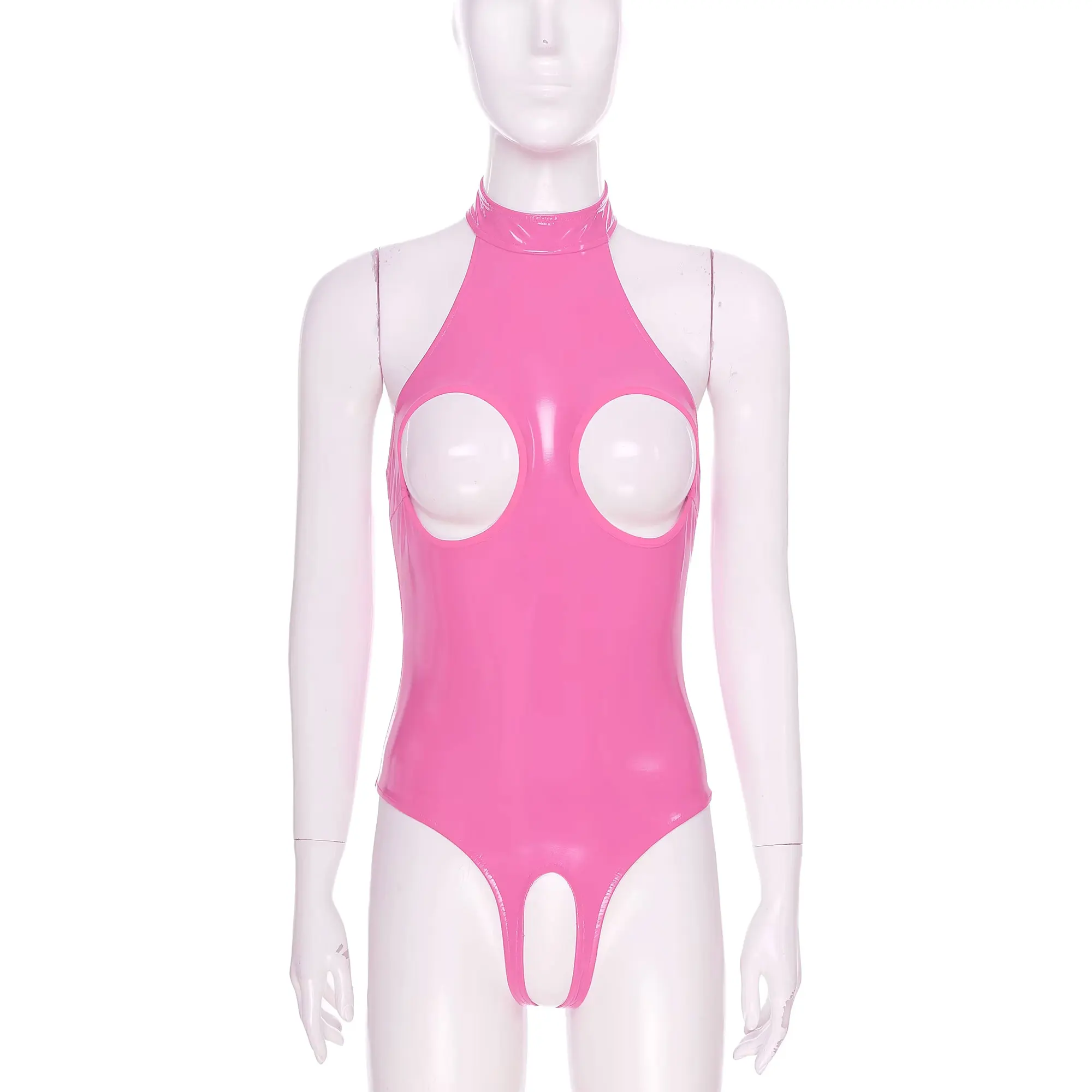 

Womens Lingerie Crotchless Open Breasts Exposed Bodysuit Shiny Patent Leather One Piece Jumpsuit Hollow Out Catsuit Clubwear