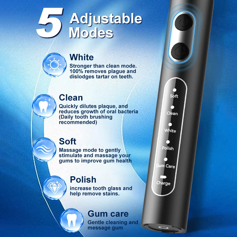 YUNCHI Rotating Electric Toothbrush 5 Modes Rechargeable Waterproof Rotary Electric Tooth Brush with Travel Case 8 Brush Heads