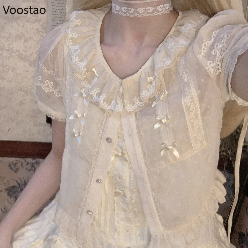 Sweet Lolita Chiffon Shirts Women Vintage Y2k Lace Ruffles Bow Short Sleeves Cute Blouses Japanese Kawaii Ruffles Collar Tops