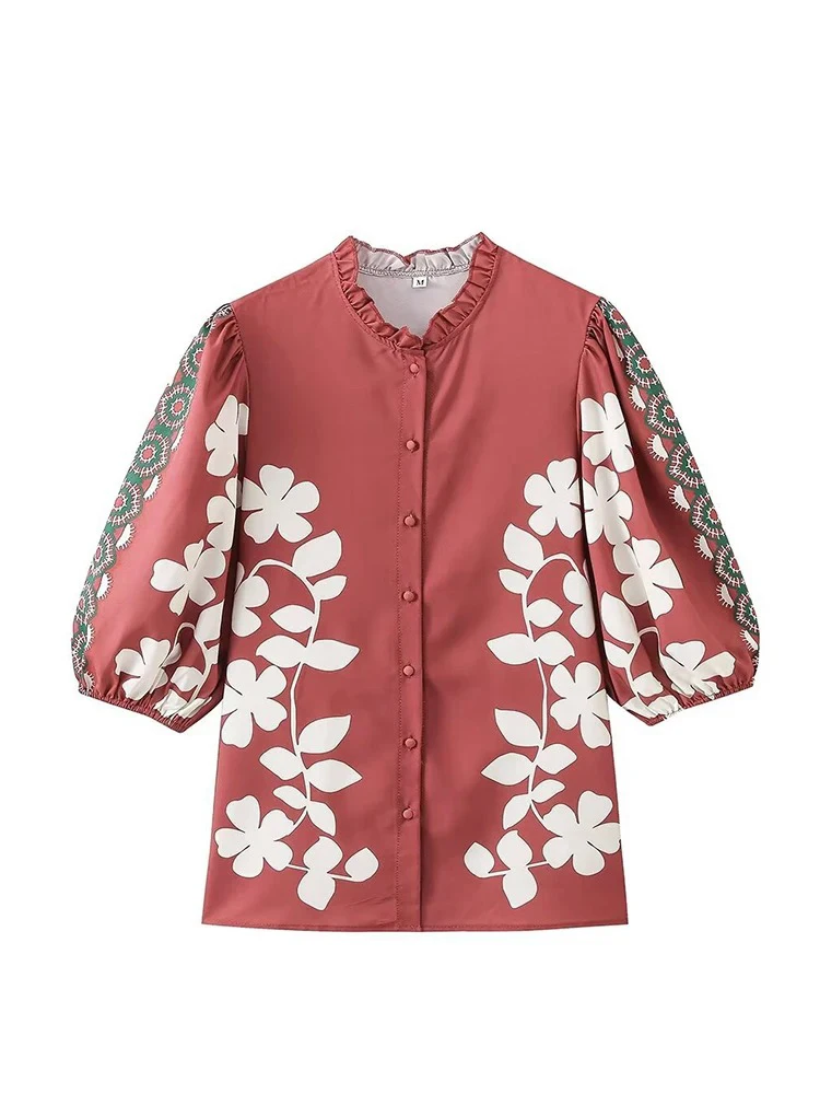 

Women Fashion Round Collar Single Breasted Top Elegant Flower Embroidery Loose Top Half Sleeve Commuter Printed Casual Top