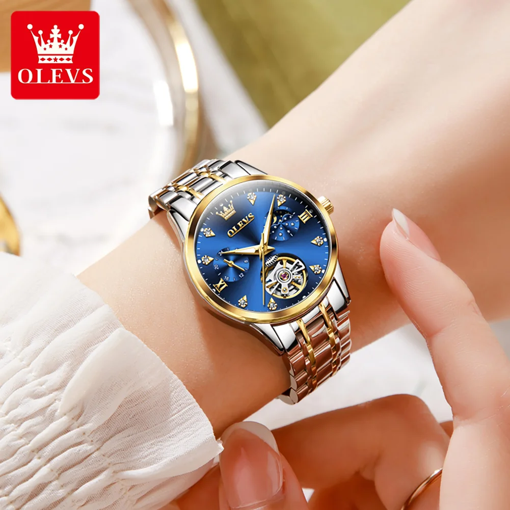 OLEVS 6608 Moonswatch Mechanical Watch For Women Hollow Original Diamond Luxury Wristwatch Waterproof Top Brand Woman Watches