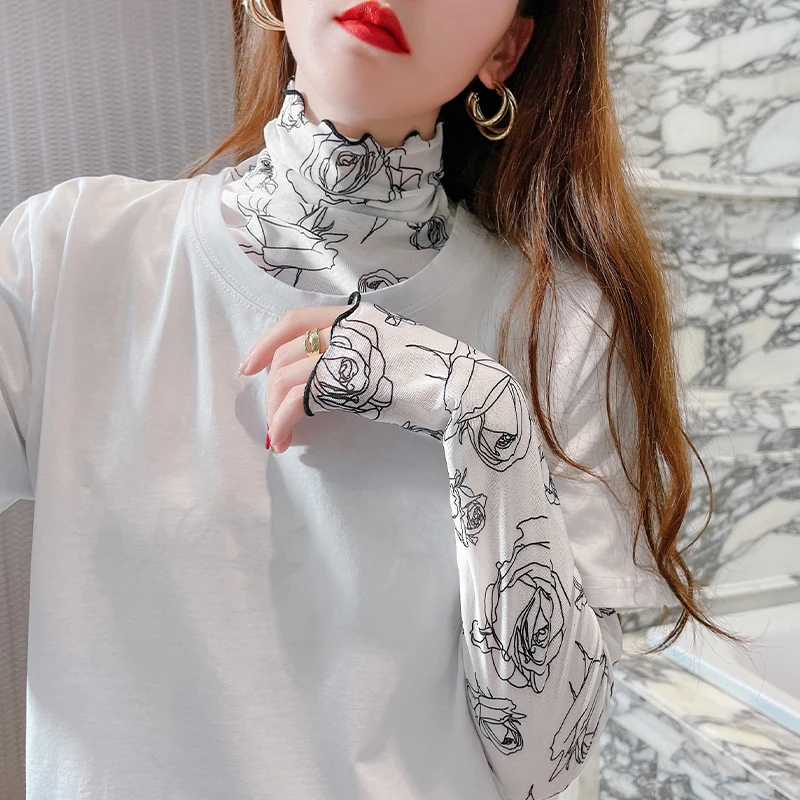 

Женская летняя тонкая футболка с кружевной вставкой и принтом, защита от солнца, кружевной топ с высоким воротом, длинными рукавами, стандартный крой