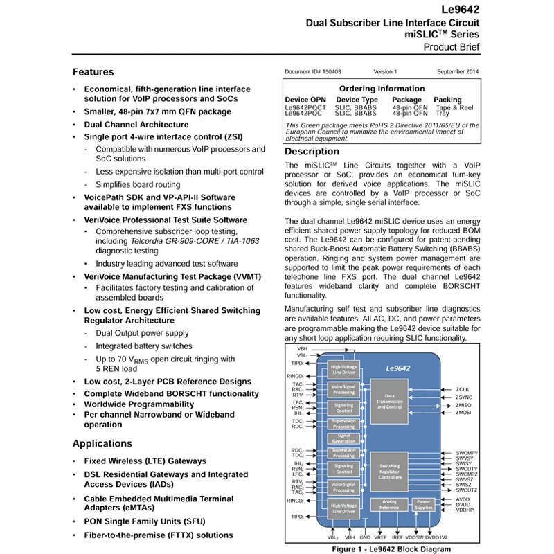 2PCS LE9642PQCT QFN-48(7x7) Code Le9642PQC Dual Subscriber Line Interface Circuit miSLIC ™ Telekommunikationsschnittstellen-IC der Serie – Detail 2