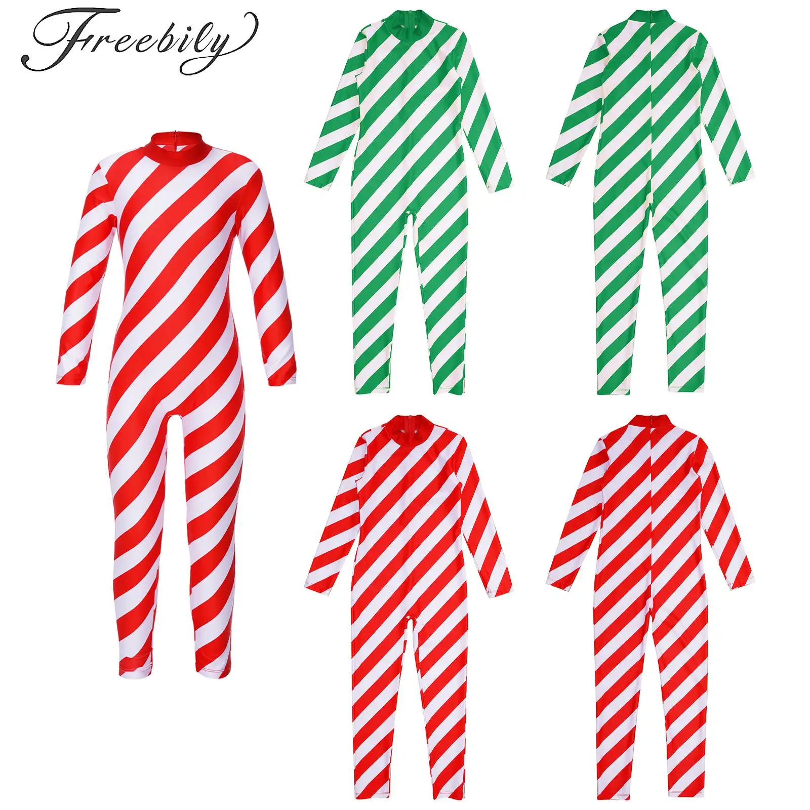 

Kids Girls Santa Elf Christmas Jumpsuit Dancewear Candy Cane Striped Full Unitard Ballet Rhythmic Gymnastics One Piece Outfits