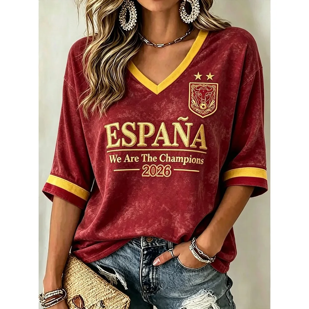 Spain 2026 Champions Theme Fans Short Sleeved T-shirt Printed Football Shirt Women Casual Sports Training Matching Fashion Top