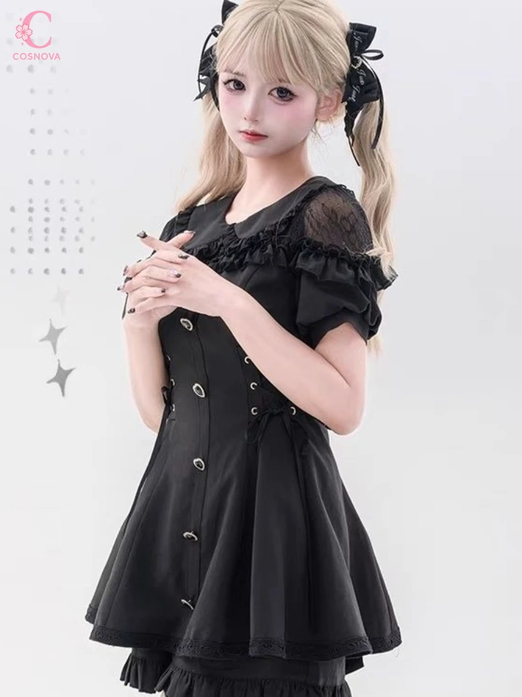 

Японский милый комплект: платье с воротником Питер Пэн и бантом, шорты, женская кавайная блузка с коротким рукавом и темным кружевом, платья в стиле Лолита, готика, Y2K, наряды