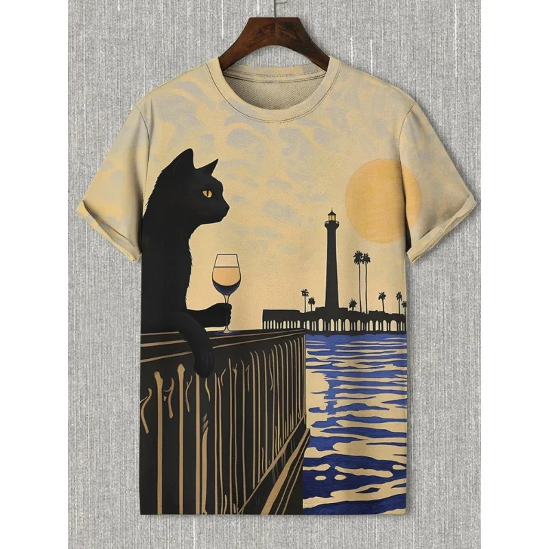 

Beach Cat Graphic T-Shirt For Men Fun Gentleman Animal 3D Print Tees Summer Fashion Round Neck Tops Loose Short Sleeve T Shirts