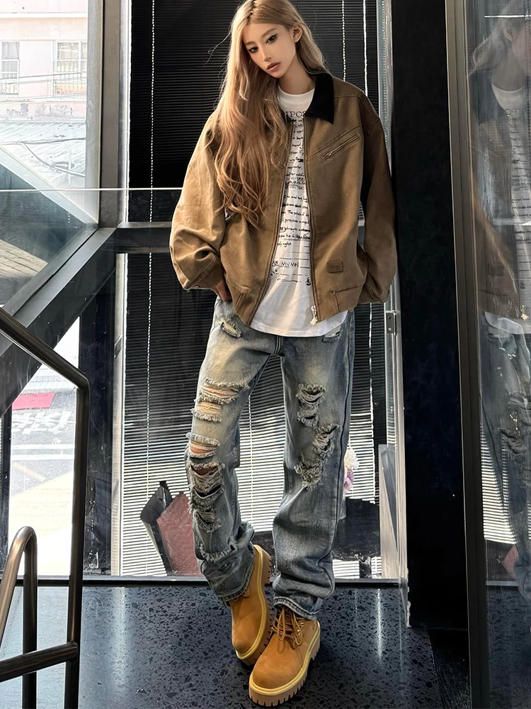 

American Sle Vintage Men's Jeans High Street Spring Autumn Casual Straight Leg Long Pants Torn Hole Trendy Brand Jeans