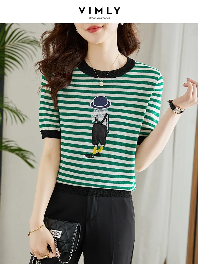 Vimly Summer Thin Green Striped Sweater Women 2023 Fashion Bright Silk Knitwear Short Sleeve Cute Embroidery Loose Knitted Tops