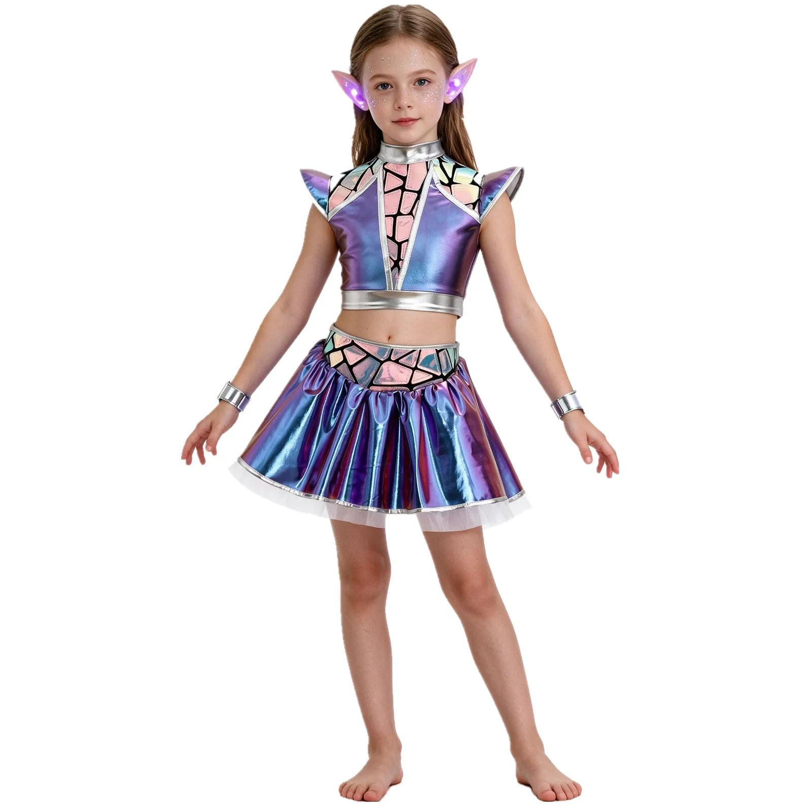 Children Girls Halloween Metallic Shiny Alien Robot Dress Up Costume Crop Top with Tutu Skirt Built-in Briefs Jazz Dance Outfit