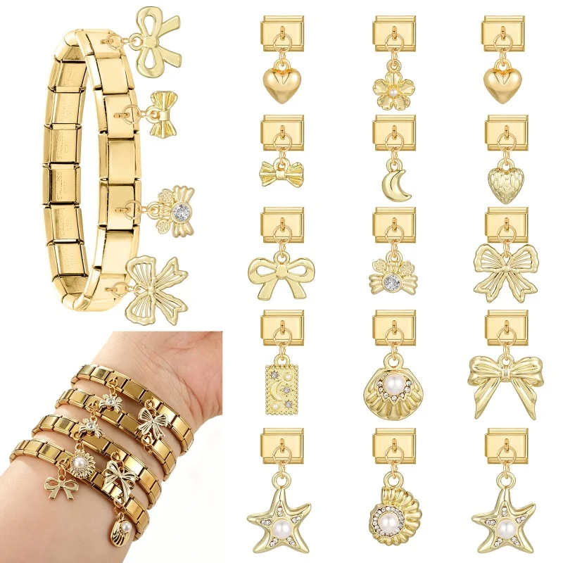 Moon Stars Flowers Crab Shell Bow Italian Charm Links Fit 9mm Stainless Steel Bracelet Women Fashion DIY Making Jewelry Gifts