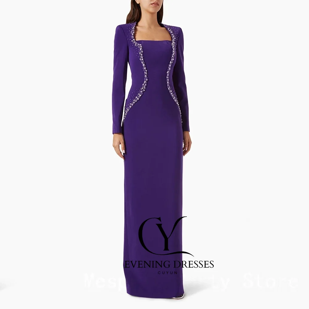 Cuyun luxo roxo vestido de noite para casamento até o chão vestido de baile bainha formal vestido de festa mangas compridas miçangas arábia saudita