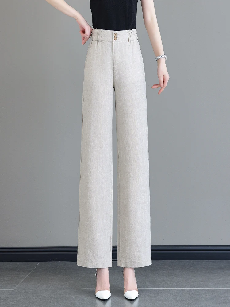 

High Waist Wide Leg Pants Women's Summer New Style High End Floral Waist Linen Pants Drapey Casual Straight Leg Trousers