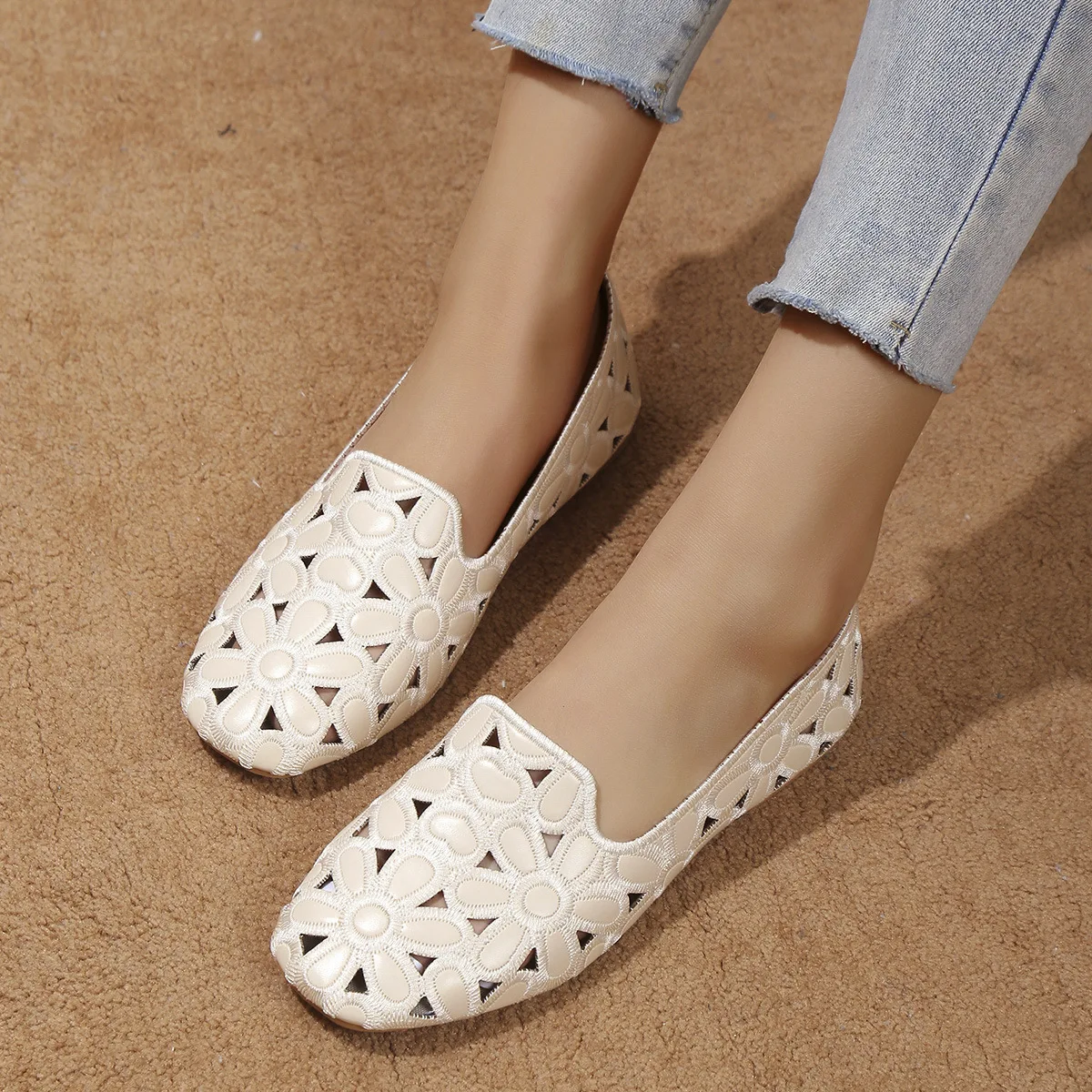 Women Flats Slip on Loafers Foldable Flats for Women Square Toe Single Shoes Hollow Out Fashion Party Casual Fashion Women Shoes