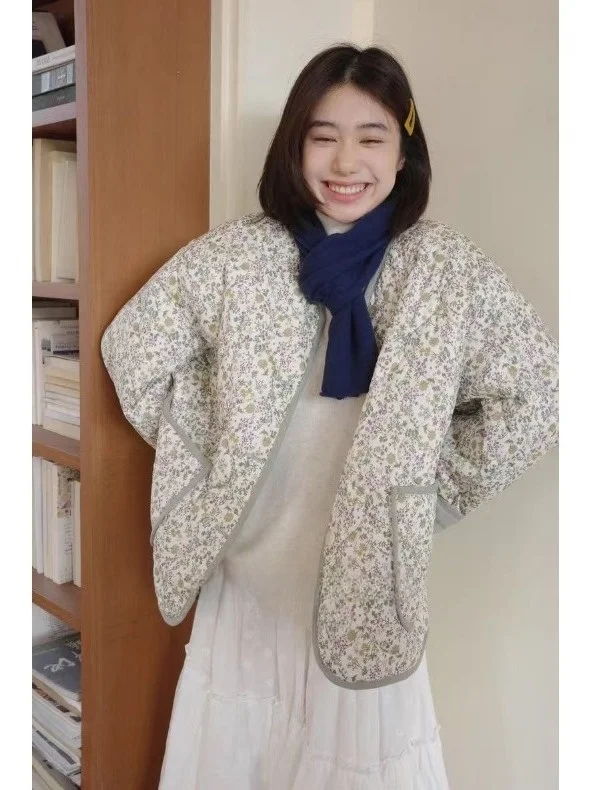 

Winter Thickened Warm Cotton Jacket Grey Bean Green Floral Print Women's Coat Stylish Commute Loose Fit Long Sleeve round Neck