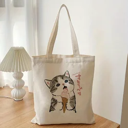 Saco de lona de compras vintage para mulheres, Bagagem gatos fofos, Harajuku Cartoon, Bolsas de ombro, Presentes Kawaii para crianças, 1pc