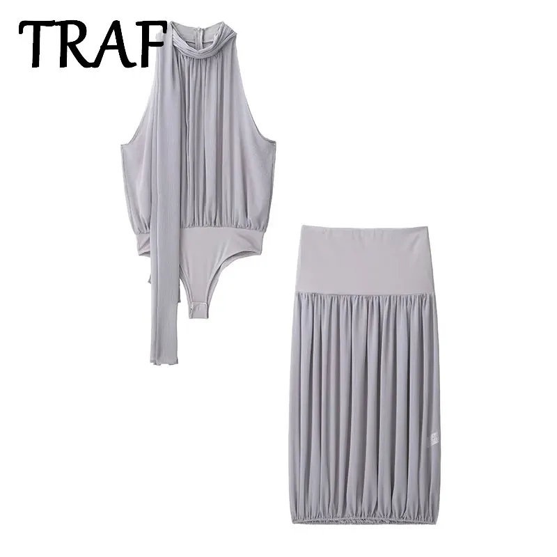 

TRAF 2025 Balloon style Skirt Sets Woman Fashion bodysuit+Skirt Sets Two Piece Casual Women Outfit bodysuit top shorts set