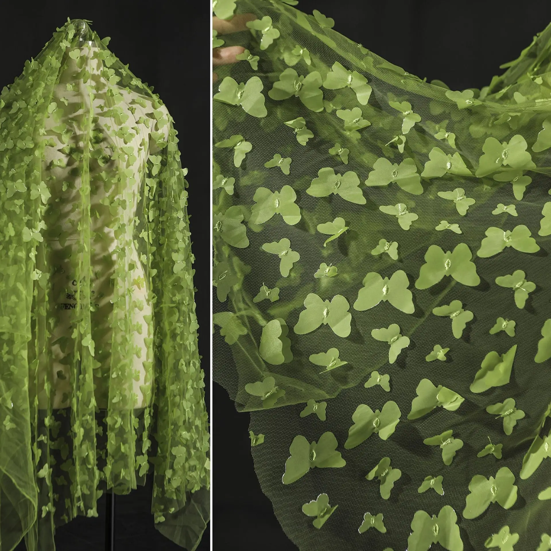 

Green 3D butterfly lace embroidered mesh fabric for wedding dresses, formal gowns home decor designer fabric