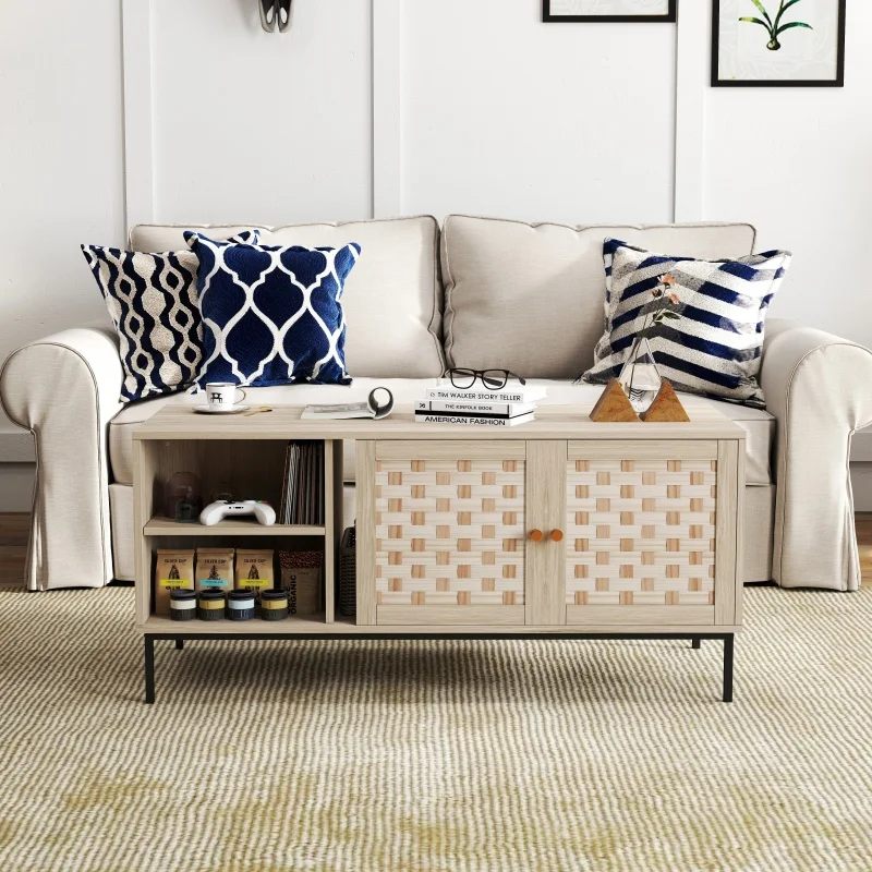 Coffee Table 19*41 in Rectangle Furniture With Storage Cabinet 4 Sliding Door Weaving Design  for Living Room Bedroom