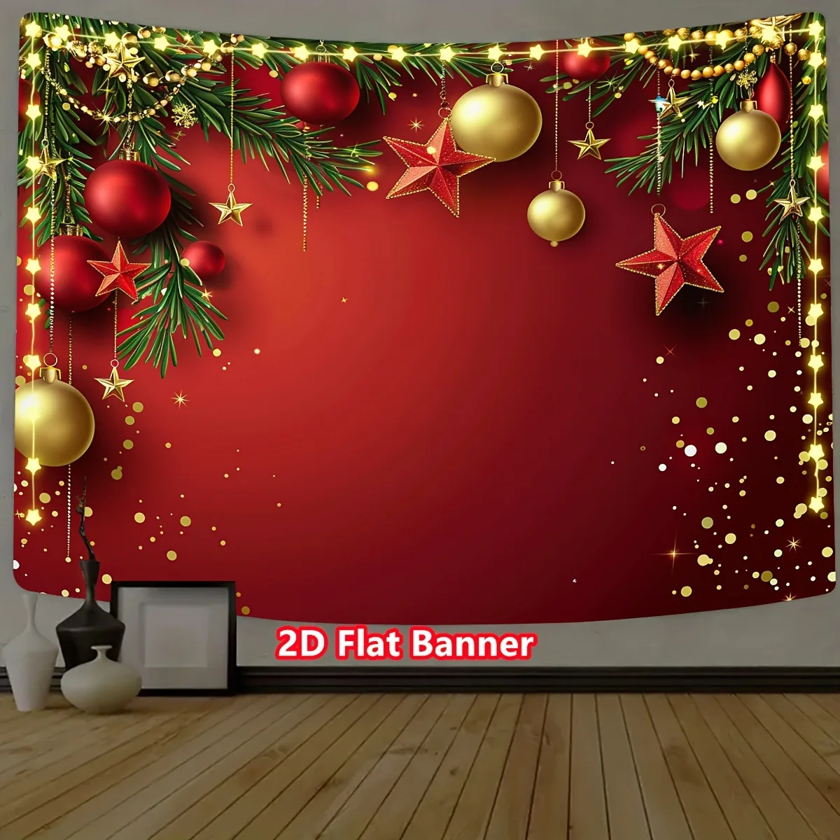 1 x weihnachtlicher Fotohintergrund mit funkelnden Sternen, Weihnachtskugeln und Tannenzweigen, perfekt für die Winterdekoration