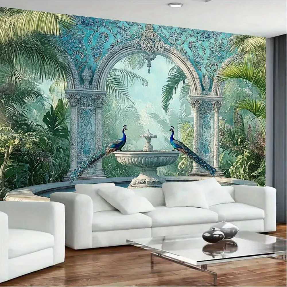 Large Tropical Jungle Mural Wallpaper Wall Art Peacock Motif Botanical Print Home Decor Living Room Oasis Accent Tapestry