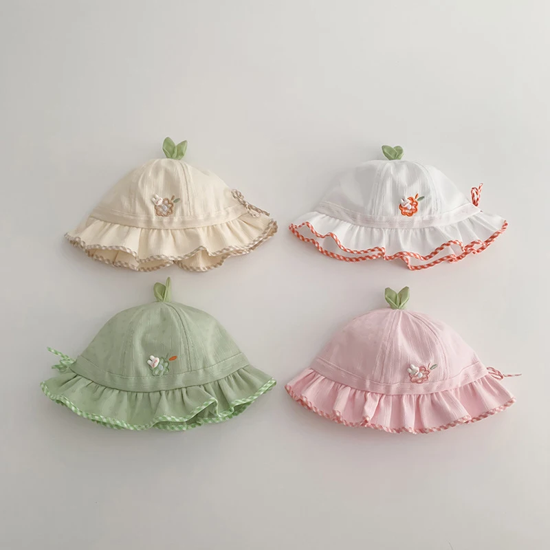

От 2 до 12 месяцев детская солнцезащитная кепка принцессы для малышей, кружевные шапки с рюшами и чашкой, весна-лето, тонкая шапка в рыбацком стиле для младенцев, детские козырьки для девочек