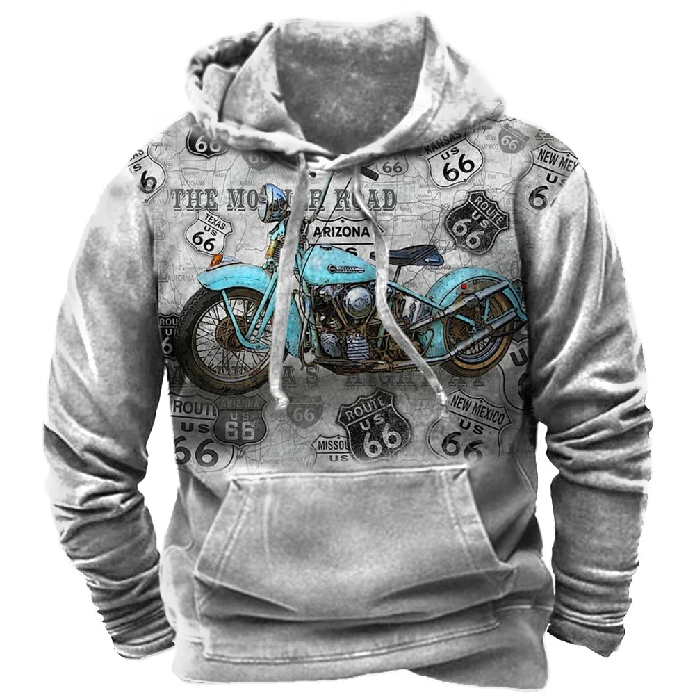 Vintage Men's Hoodies Moto Print Clothes Route 66 Sweater Fashion Hoodie Streetwear Casual Jacket For Men Oversize Sweatshirt