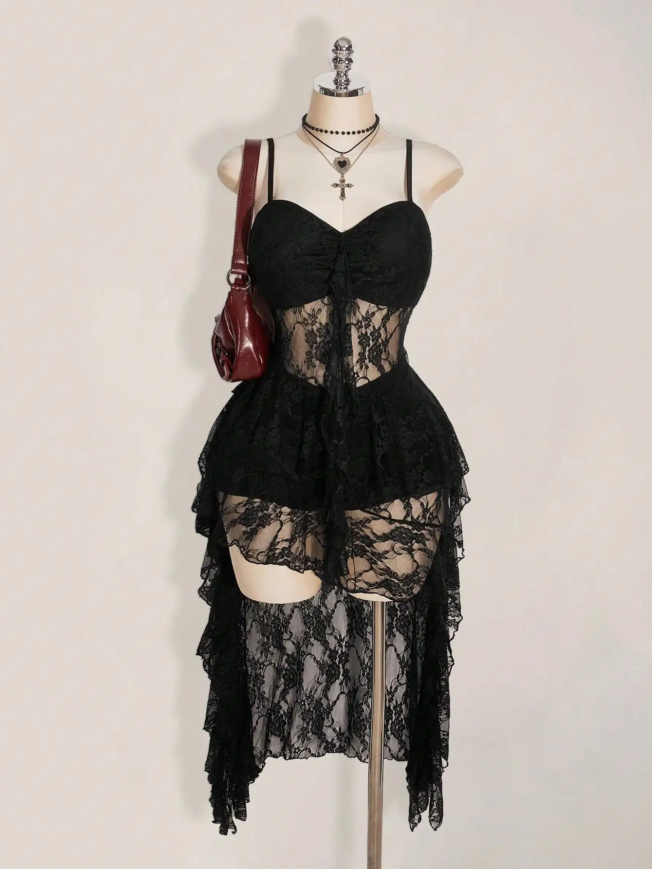 

Black Lace Spaghetti Strap Dress with Ruched Bust and Asymmetrical Hem