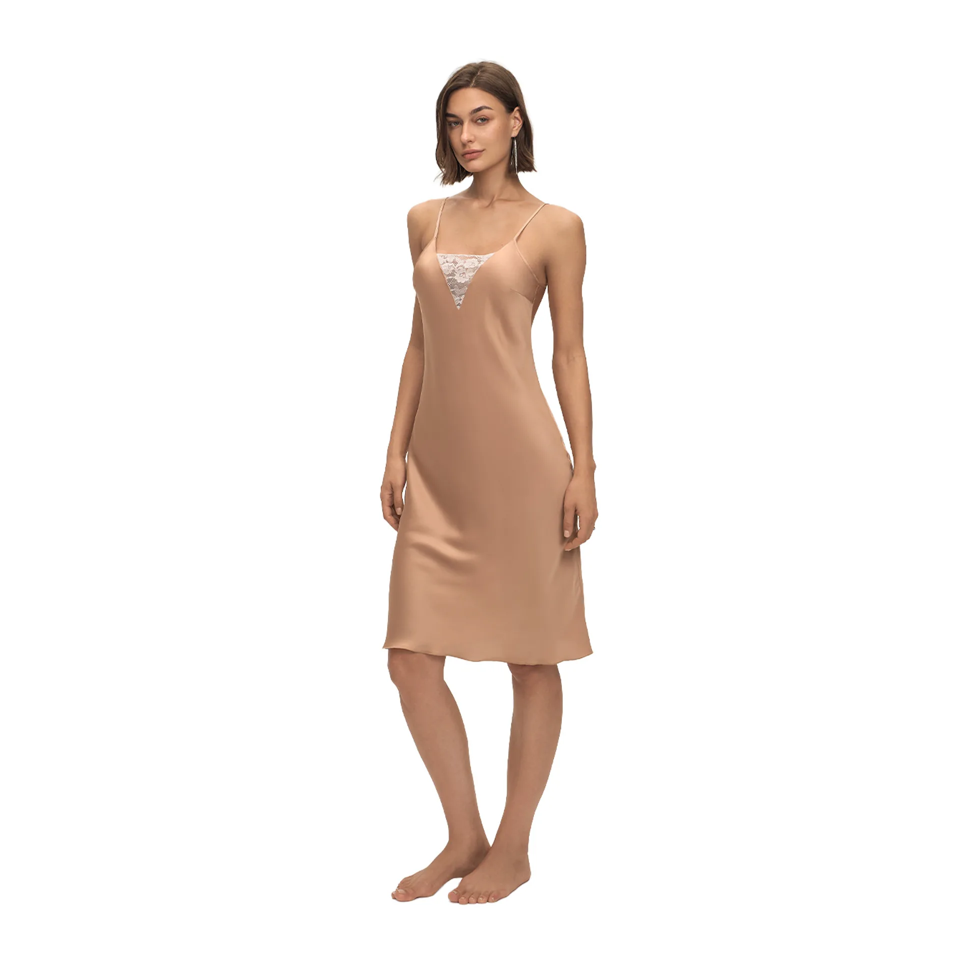 ロマンティックな喜び：レディースサテンシフォンセクシーナイトドレス、レース付き - 胸元アクセント、サスペンダー＆オープンバックショートスカートホームウェア