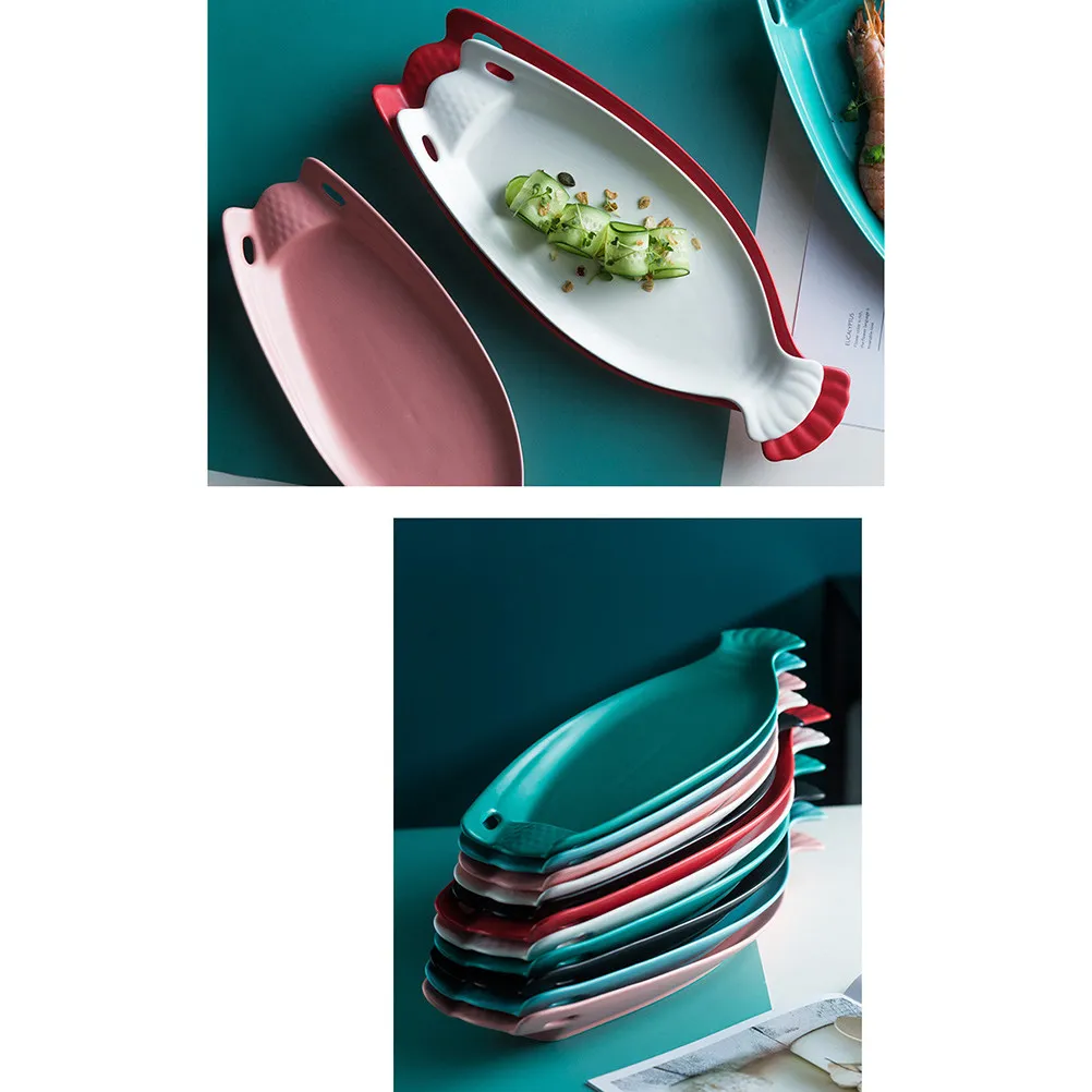 1Pcs Ceramic Fruit Plate Creative Fish Shaped Dish Black 14Inch for Home Restaurant Party Snack Storage Steaks