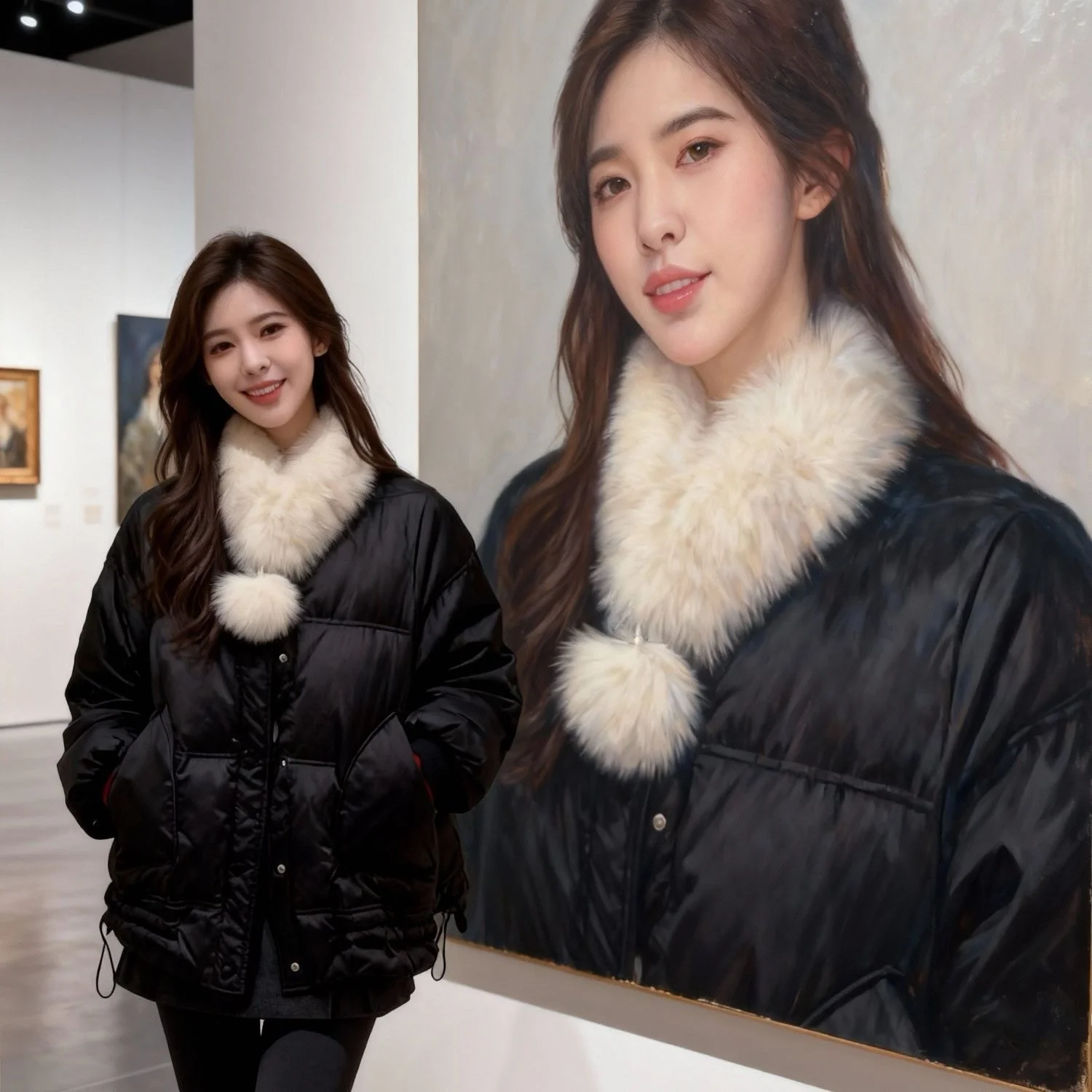 

Women's Fur Scarf down Jaet Outerwear Loose White Du down Warm V-ne Winter 2025 New Sle Thiened ort Length