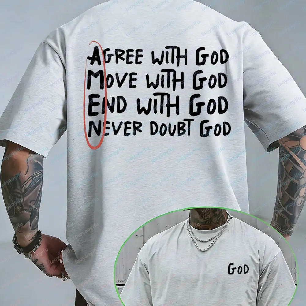 Agree with God Move with God Print Men's T-Shirt Casual Crew Neck Short Sleeve Faith Based Graphic Comfort Cotton Religious Top