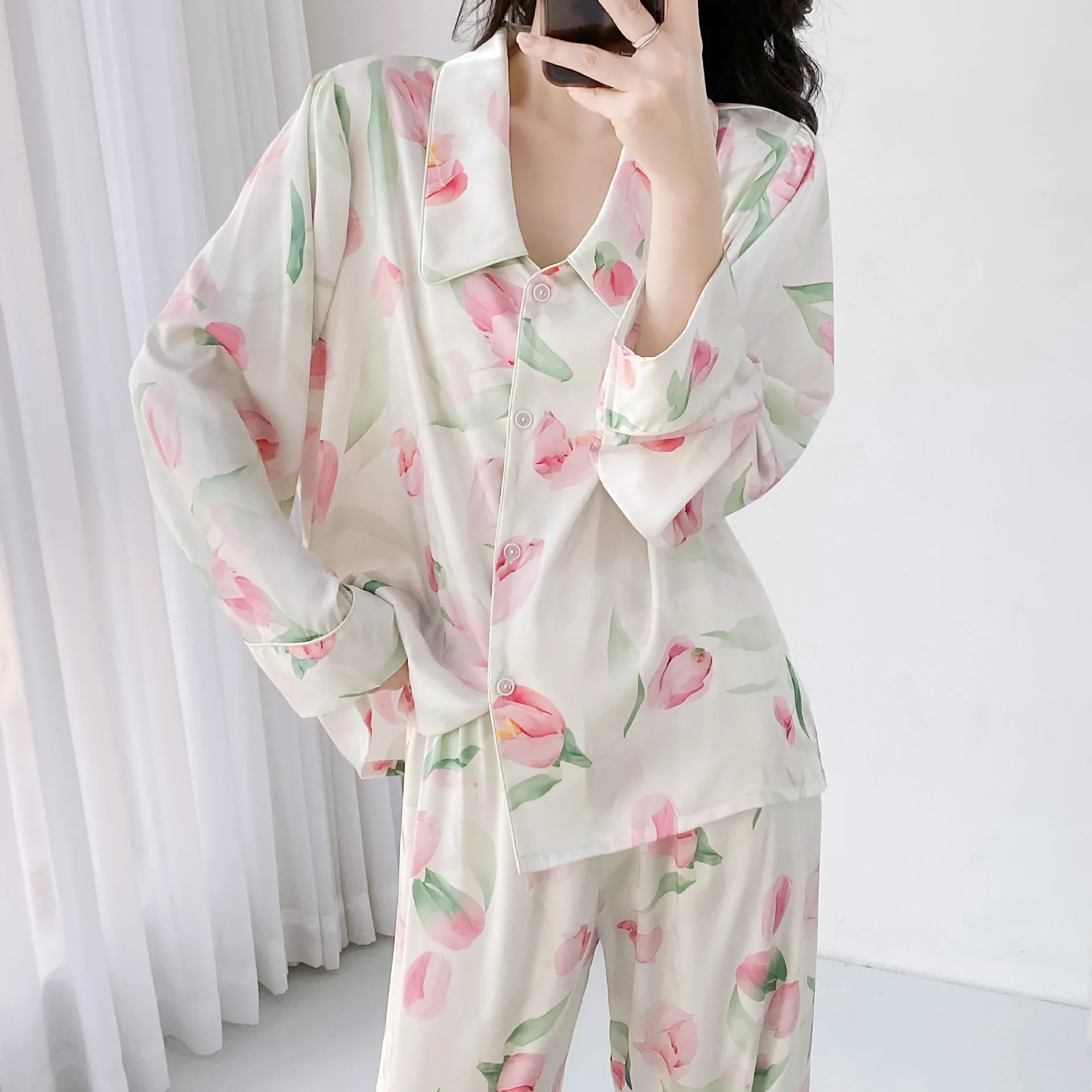 

Print Pijamas Set Spring Autumn Nightwear Pajamas Suit Long Sleeve Women Rayon Home Clothes Lapel Shirt&pants Sleepwear Lingerie