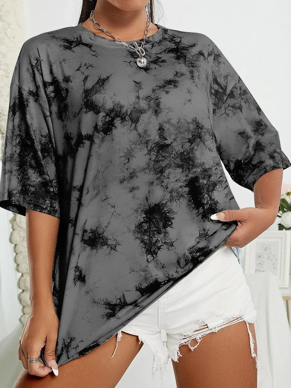 Dames tie-dye print drop-shoulder tee, street fashion casual T-shirt met korte mouwen en ronde hals voor de zomer, los T-shirt