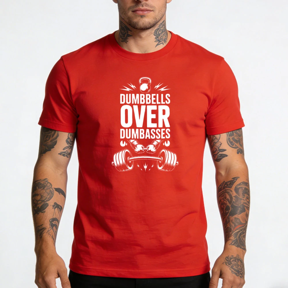 Dumbbells Over Dumbasses Graphic Red Shirt Kettlebell Men Tee Gym Motto Top Fitness Workout T-Shirt Sports Strength Tops