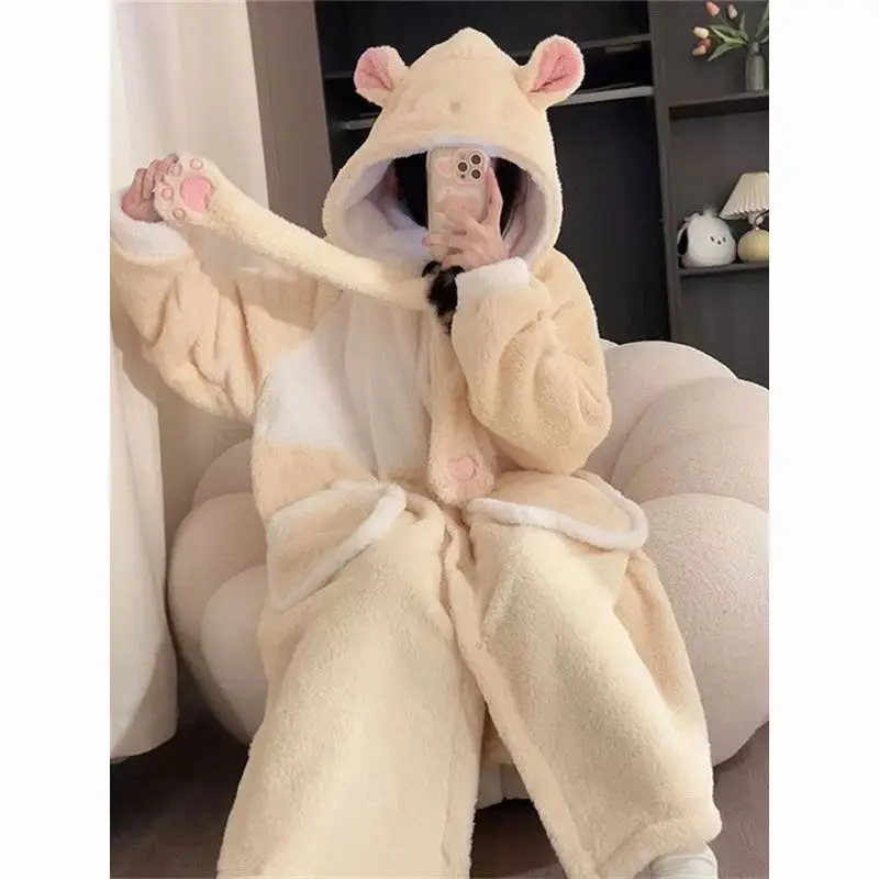 Winter Warm Velvet Hooded Nightgown Set Kawaii Plush Little Hamster Sleepwear Girls Thickened Casual Home Clothes Pajamas Set ﻿