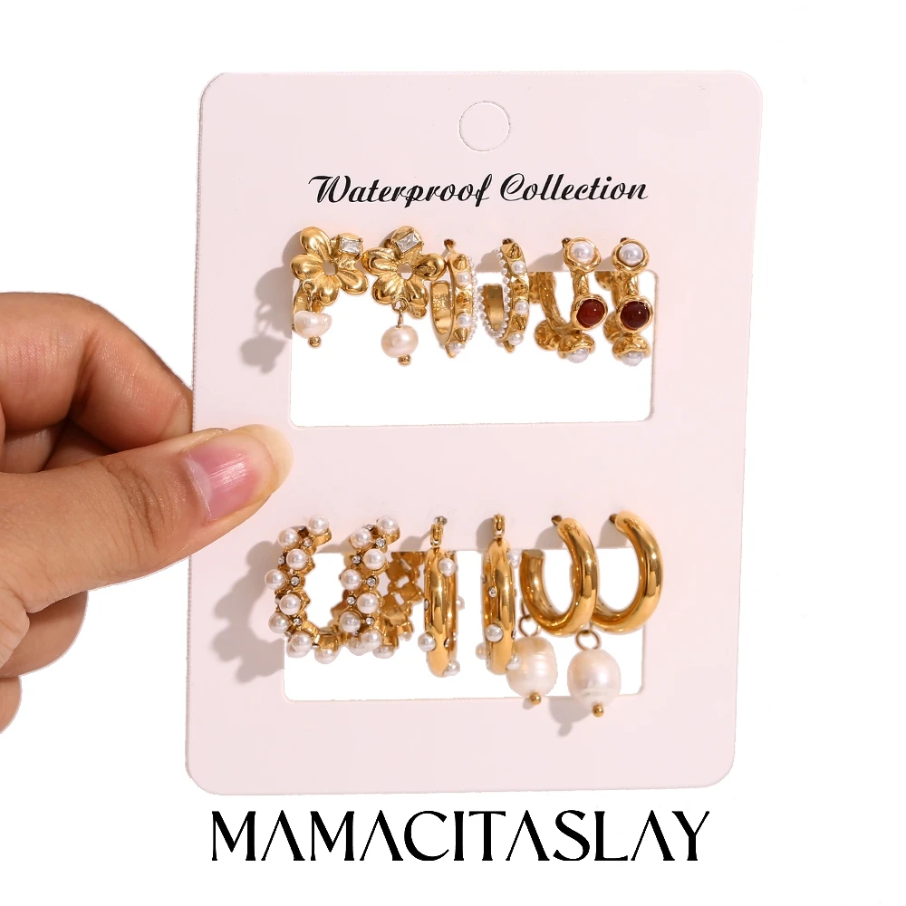 MamacitaSlay A Week Stainless Steel Pearl Zircon Geometric Earrings 6PCS Party Designer Jewelry Set Women's Charm Jewelry Gift