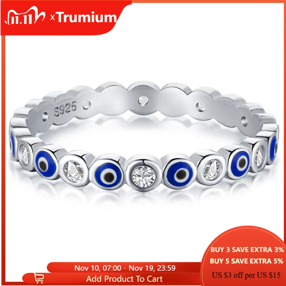 

Trumium Solid s925 Sterling Silver Blue Enamel Sapphire Eye Ring Wedding Eternity Rings for Women Lucky Fine Jewelry Party Gifts
